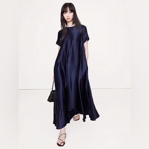 NWT Banana Republic Italian Satin Trapeze Navy Maxi Dress